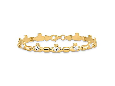 14k Two-tone Gold Diamond-Cut Claddagh Polished Link Bracelet