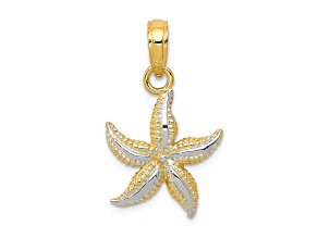 14k Yellow Gold and Rhodium Over 14k Yellow Gold Textured Starfish Pendant