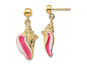 14k Yellow Gold Textured White and Pink Enamel Conch Shell Dangle Earrings