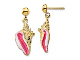 14k Yellow Gold Textured White and Pink Enamel Conch Shell Dangle Earrings