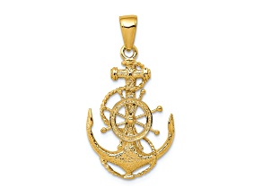 14k Yellow Gold Textured Medium Anchor with Wheel Pendant