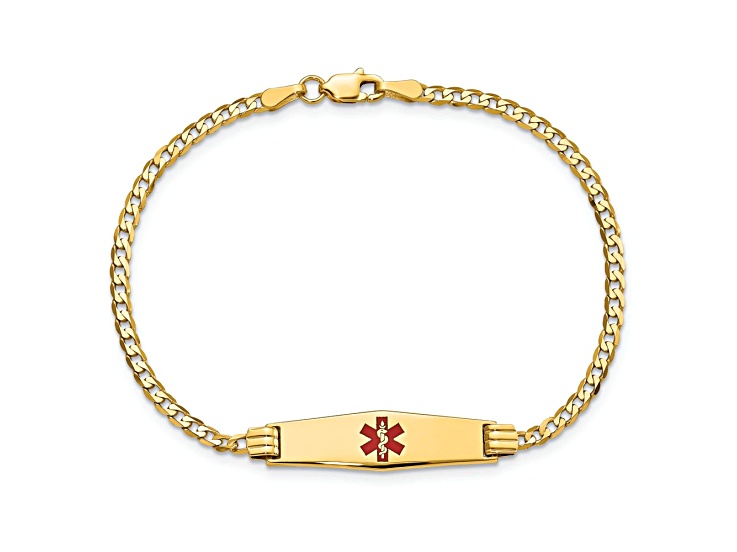 14k Yellow Gold Medical Soft Diamond Shape Red Enamel Curb Link ID Bracelet