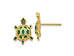 14k Yellow Gold Green Enameled Turtle Stud Earrings