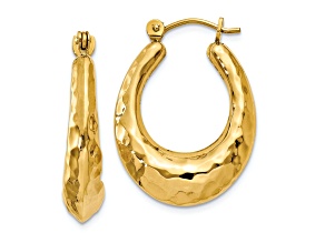 14k Yellow Gold Hammered 1" Fancy Oval Hoop Earrings