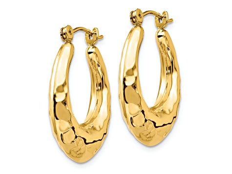 14k Yellow Gold Hammered 1" Fancy Oval Hoop Earrings