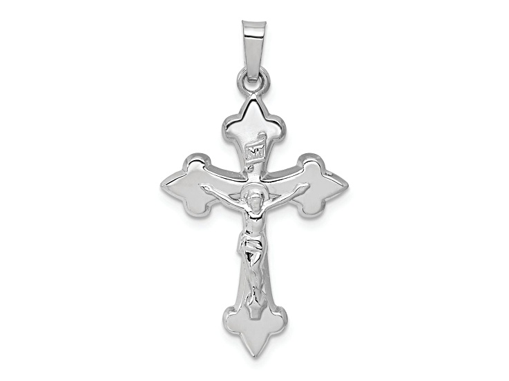 Rhodium Over 14k White Gold Polished Brushed Fleur de Lis Crucifix Pendant