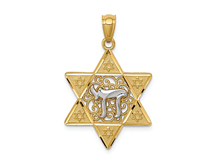 14k Two-tone Gold Polished and Textured Star of David with Chai Pendant