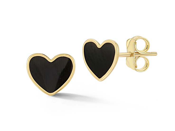 Bellissima Gold 14K Yellow Gold Black Enamel Heart Stud Earrings
