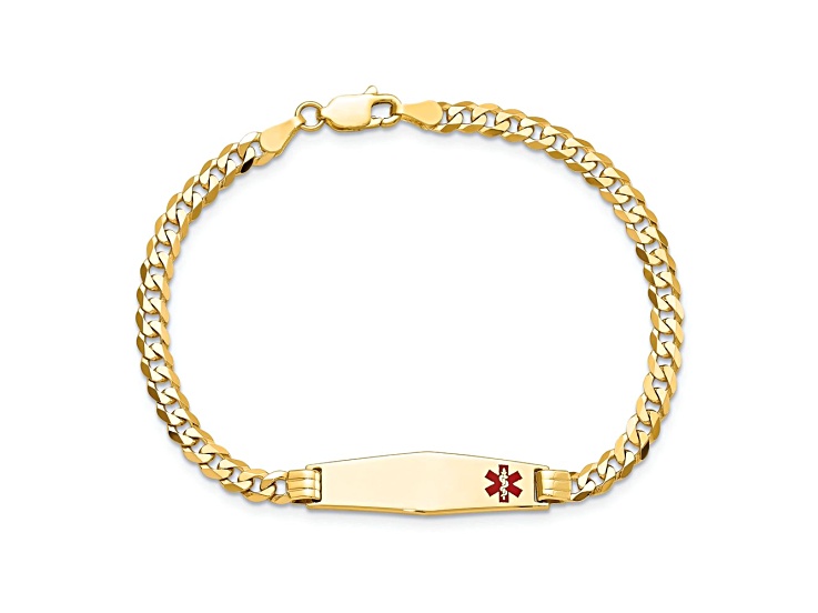 14k Yellow Gold Medical Soft Diamond Shape Red Enamel Curb Link ID Bracelet