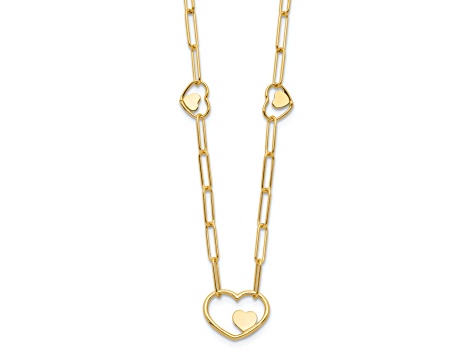 14K Yellow Gold Paperclip Link Heart 16-inch with 2-inch Ext. Necklace
