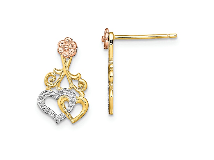 14k Tri-color Gold Textured Hearts and Flower Dangle Earrings