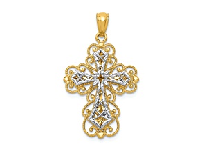 14k Yellow Gold and 14k White Gold Textured Polished 2 Level Filigree Cross Pendant
