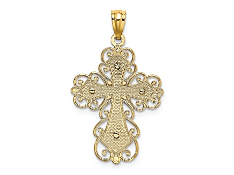 14k Yellow Gold and 14k White Gold Textured Polished 2 Level Filigree Cross Pendant