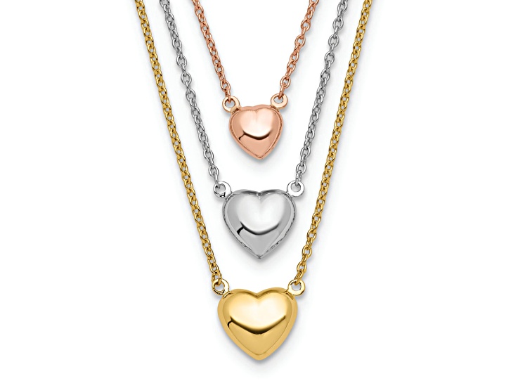 14K Tri-color Three Heart with 1-inch Extension Necklace - 1BX20A