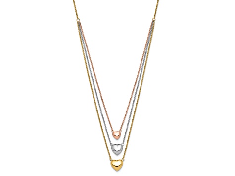 14K Tri-color Three Heart with 1-inch Extension Necklace