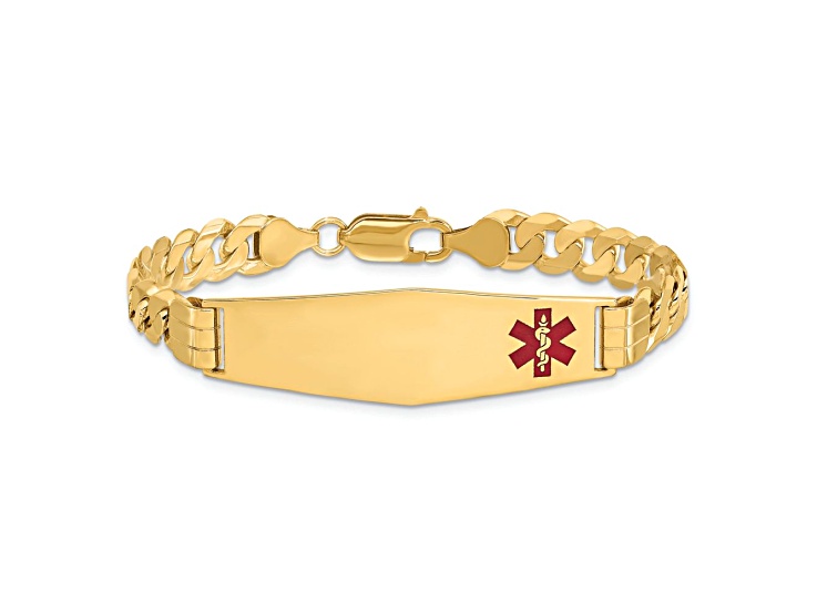 10k Yellow Gold Medical Soft Diamond Shape Red Enamel Curb Link ID Bracelet
