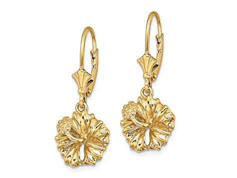 14k Yellow Gold 2D Textured Hibiscus Flower Dangle Earrings
