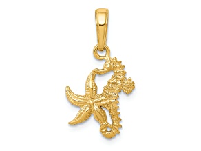 14k Yellow Gold Solid Textured Seahorse and Starfish Pendant