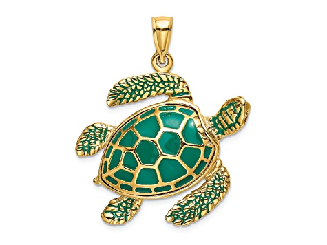 Turte Gems 14k Yellow Gold Polished Green Enamel 3D Large Sea Turtle Charm ...