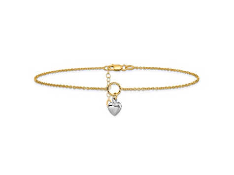 14K Two-tone Polished Heart with 1-inch Extension Anklet