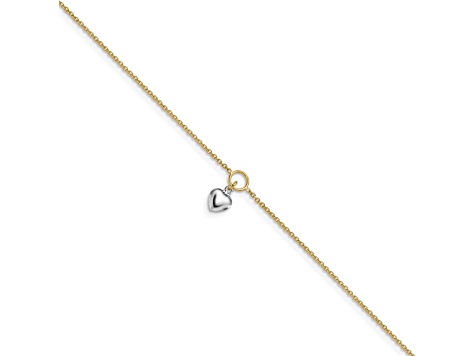 14K Two-tone Polished Heart with 1-inch Extension Anklet