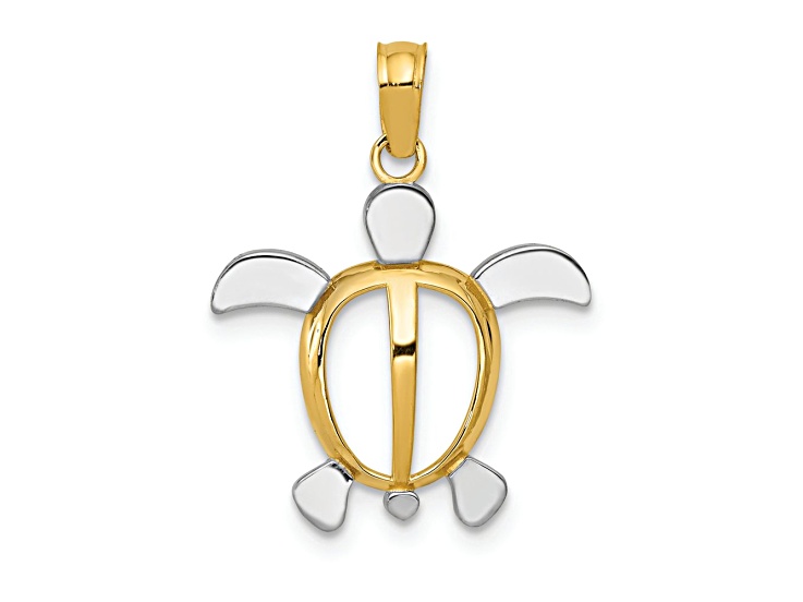 10K Yellow Gold and Rhodium Over 10K Yellow Gold Turtle Pendant