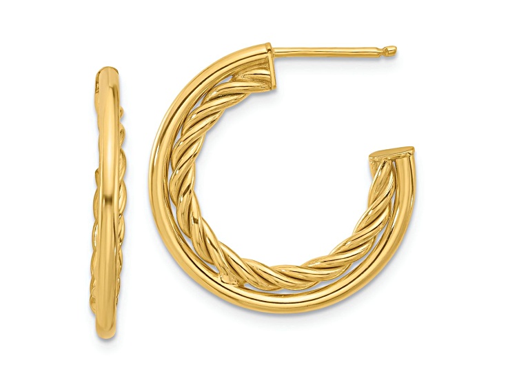 14k Yellow Gold 7/8 inch Polished and Textured J-Hoop Earrings