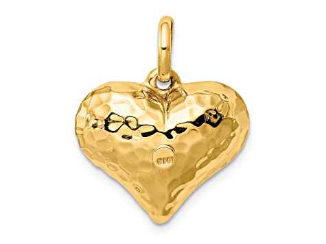 14k Yellow Gold Polished and Hammered 3D Heart Pendant