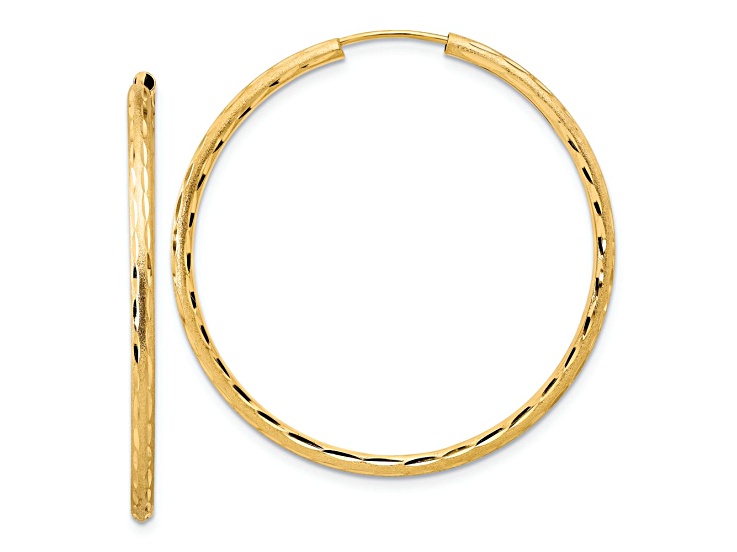 14k Yellow Gold Polished, Satin and Diamond-Cut 1 9/16" Endless Hoop Earrings
