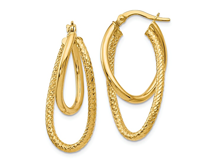 10k Yellow Gold 1 1/8 inch Polished and Textured Hinged Hoop Earrings