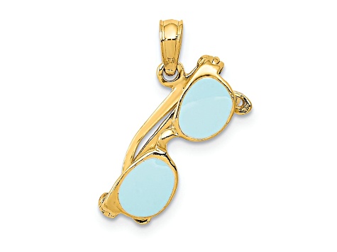 14K Yellow Gold 3D Aqua Enameled Sunglasses Pendant