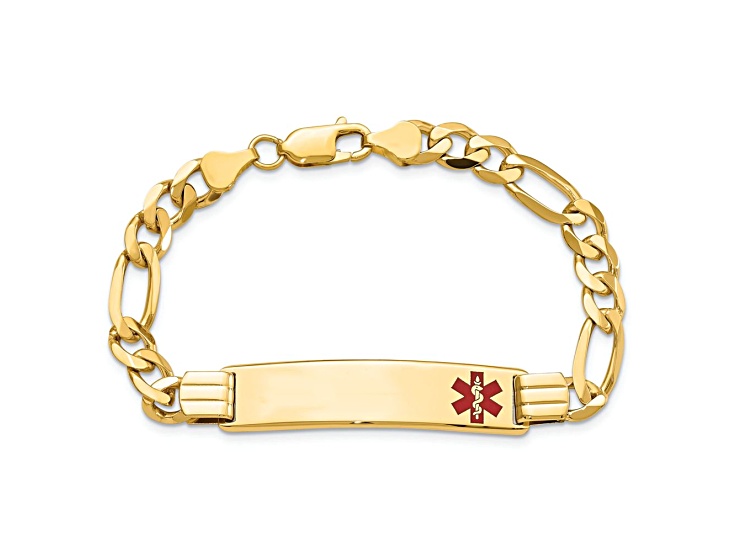 14k Yellow Gold Medical Red Enamel Flat Figaro Link ID Bracelet
