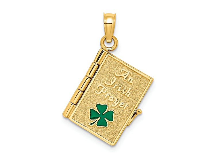 10K Yellow Gold 3D Openable An Irish Prayer Book with Green Enameled Clover and Cross Charm
