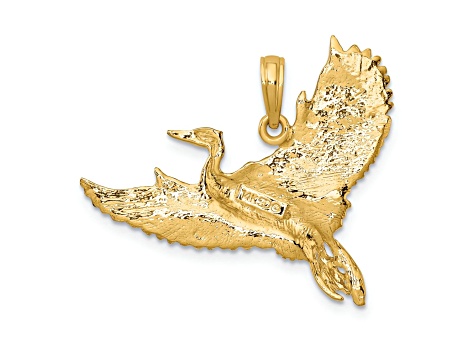 14k Yellow Gold Textured Flying Heron Bird Charm