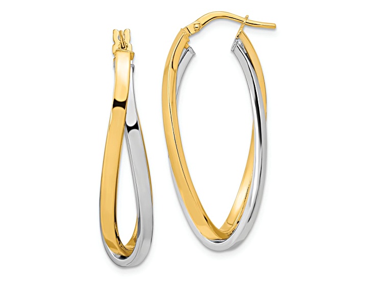 14k Yellow Gold and 14k White Gold 1 7/16" Polished Oval Double Hoop Earrings