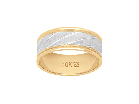 8mm Diagonal Line Band in 10k Yellow Gold with White Rhodium