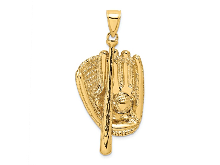 14k Yellow Gold Textured 3D Baseball Glove, Bat and Ball Charm