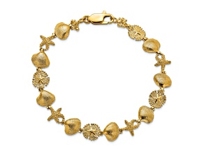 14k Yellow Gold Textured Sand Dolloar, Clam, Starfish Link Bracelet