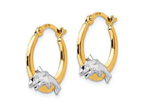 14k Yellow Gold and Rhodium Over 14k Yellow Gold 9/16" Dolphin Hoop Earrings