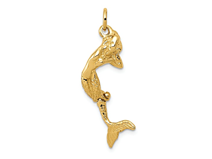 14k Yellow Gold 3D and Textured Mermaid Charm Pendant