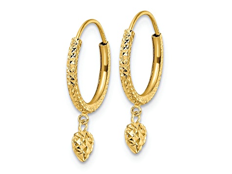 14k Yellow Gold Diamond-cut Heart Hoop Earrings