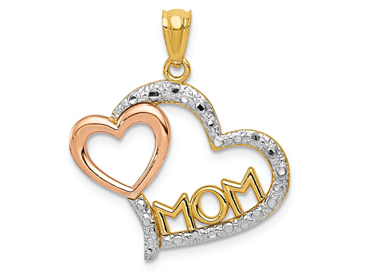 14K Tri-color Gold Diamond-Cut MOM in Heart with Heart Pendant