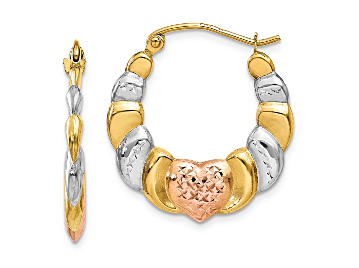 14k Yellow Gold and Rhodium Over 14k Yellow Gold 7/8" Diamond-Cut Scalloped Heart Hoop Earrings