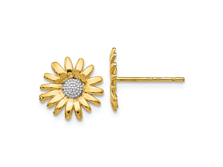 14k Yellow Gold and Rhodium Over 14k Yellow Gold Textured 10mm Mini Daisy Stud Earrings