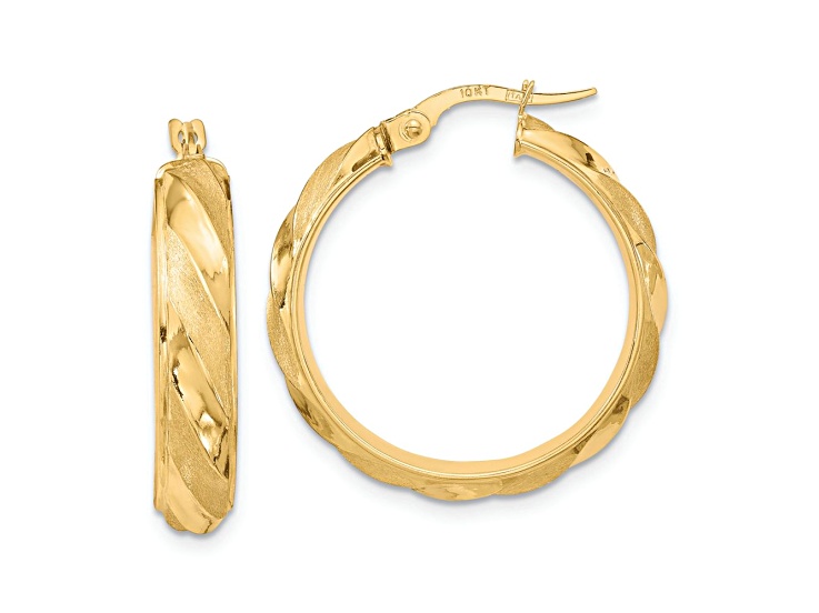 10k Yellow Gold 1 1/16 inch Polished and Textured Twisted Hoop Earrings