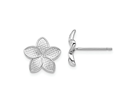 Rhodium Over 14k White Gold 11mm Polished and Textured Plumeria Stud Earrings