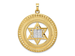 14k Two-tone Gold Textured Star and Torah Inside Frame Pendant