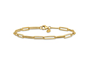 14K Yellow Gold Polished and Textured Paperclip Link Bracelet