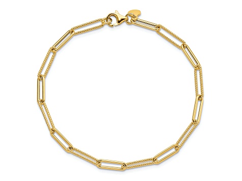 14K Yellow Gold Polished and Textured Paperclip Link Bracelet