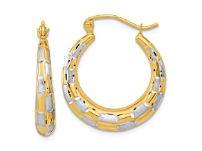 14k Yellow Gold and Rhodium Over 14k Yellow Gold 7/8" Polished Satin Diamond-Cut Hoop Earrings